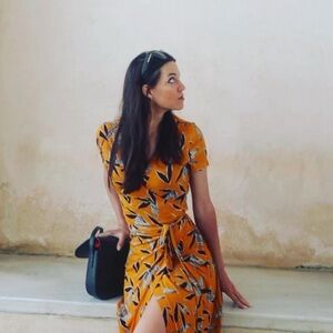 Mango yellow floral wrap tie dress XS